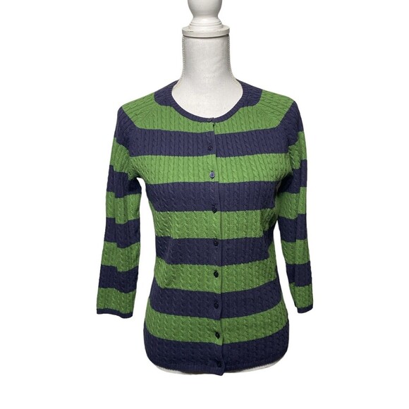 Ll Bean Cardigan Sweater Size ? Medium Women Green Blue Button Front Striped - Picture 1 of 5